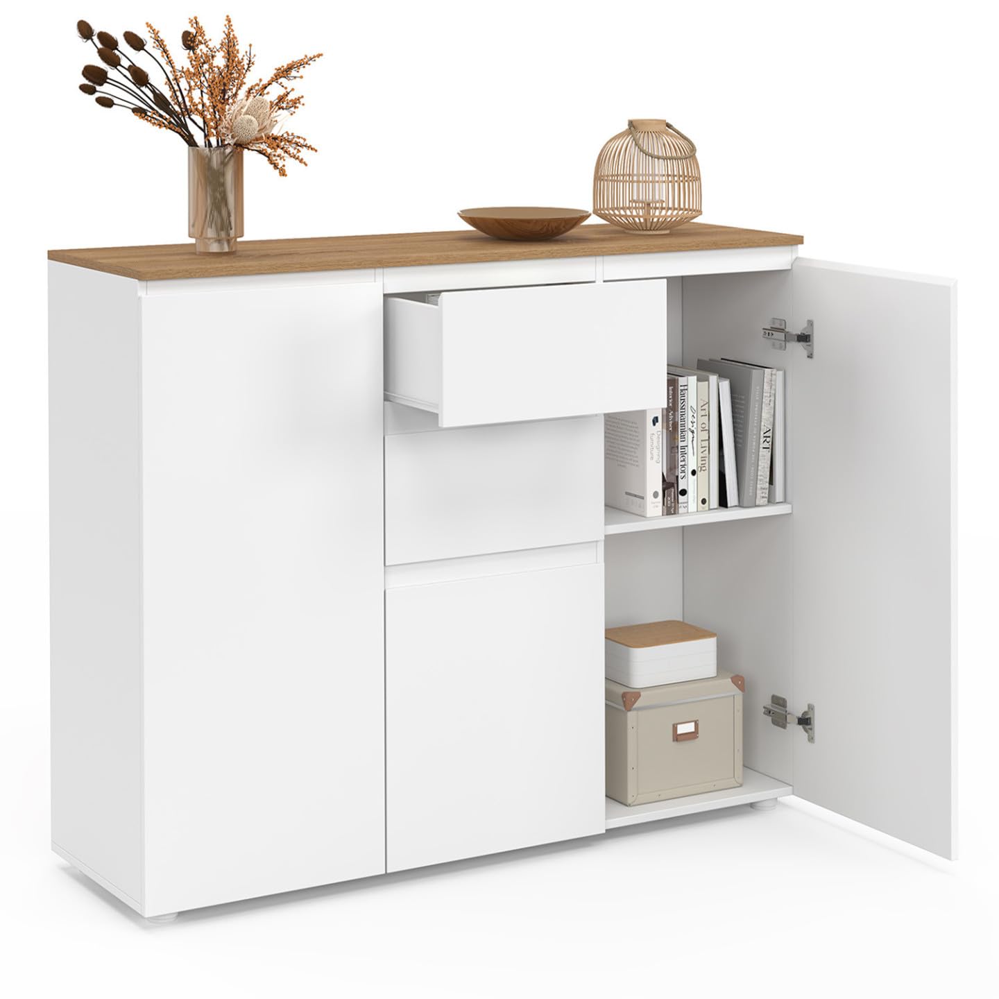 IDMarket - Aparador Toby de 100 cm, 3 puertas, 2 cajones, blanco con tablero de madera