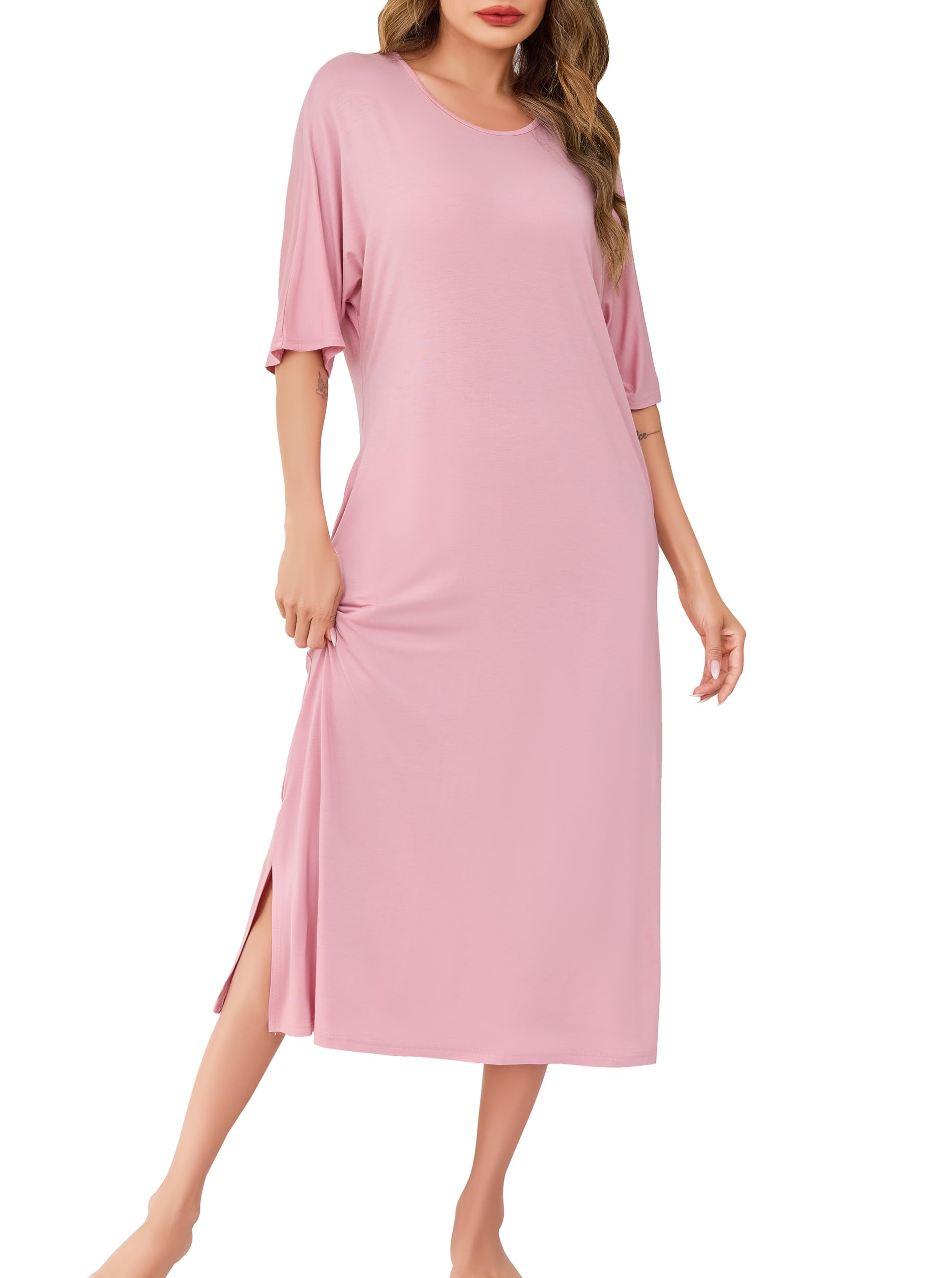 Wikoan Damen Nachthemd Lang Nachthemden Große Größen Sleepshirt Kurzarm Oversize Loungewear Sommer Nachtwäsche Frauen mit Taschen S-XXL