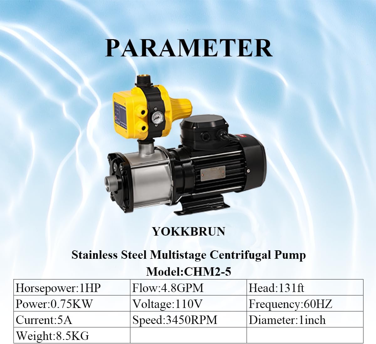 Automatic Multi-stage Centrifugal Water Pump for Home-High Pressure-Low Noise-1HP, 110VAC/60Hz, Head 147ft, Flow 22gpm-Booster for Whole House(CHM2-5）