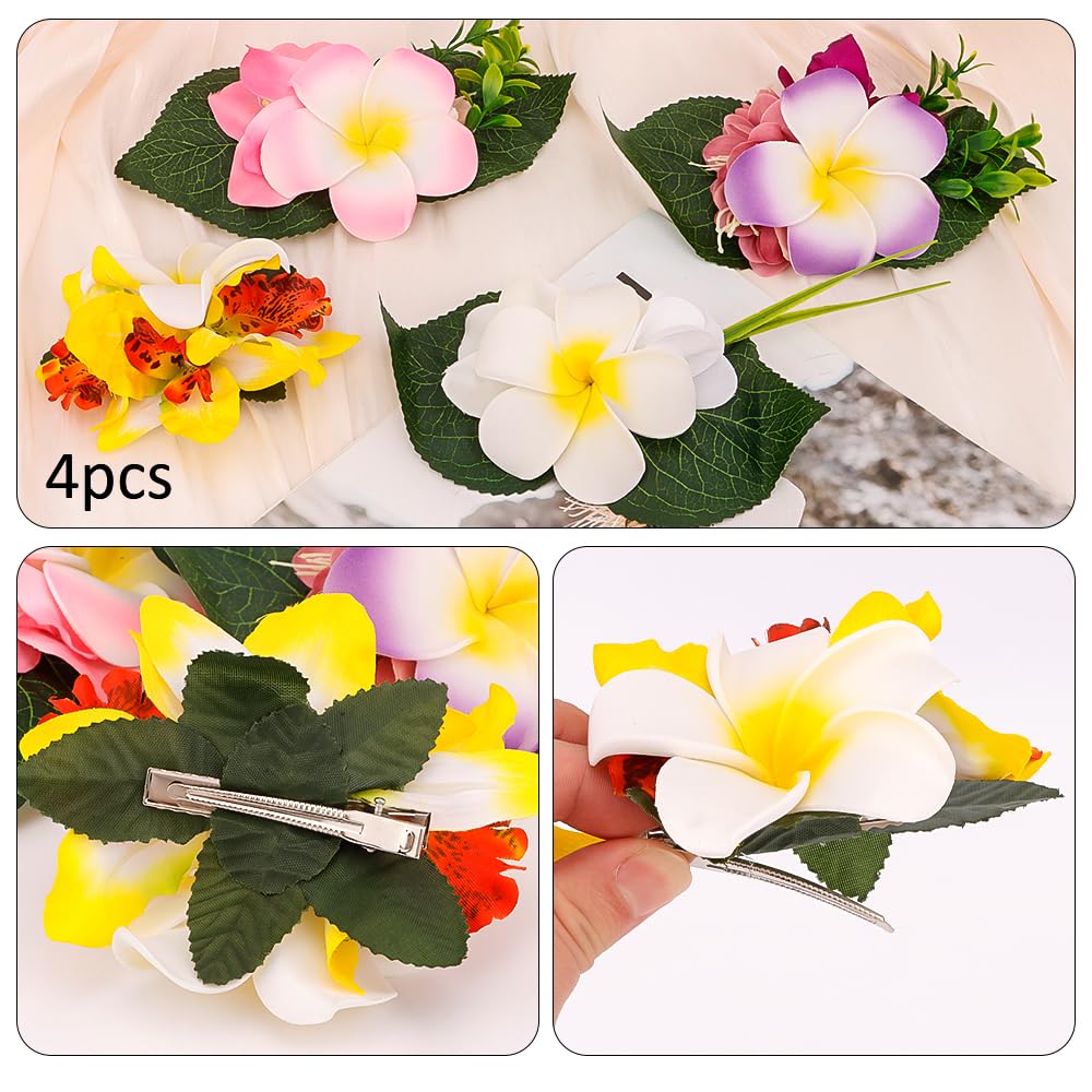 Ahoney 4 Pieces Plumeria Hawaiian Artificial Flower Barrettes, Chiffon Hair Pins for Women Girls, Beach Luau Party Hairstyles Decor White/Yellow/Pink/Purple Plumeria