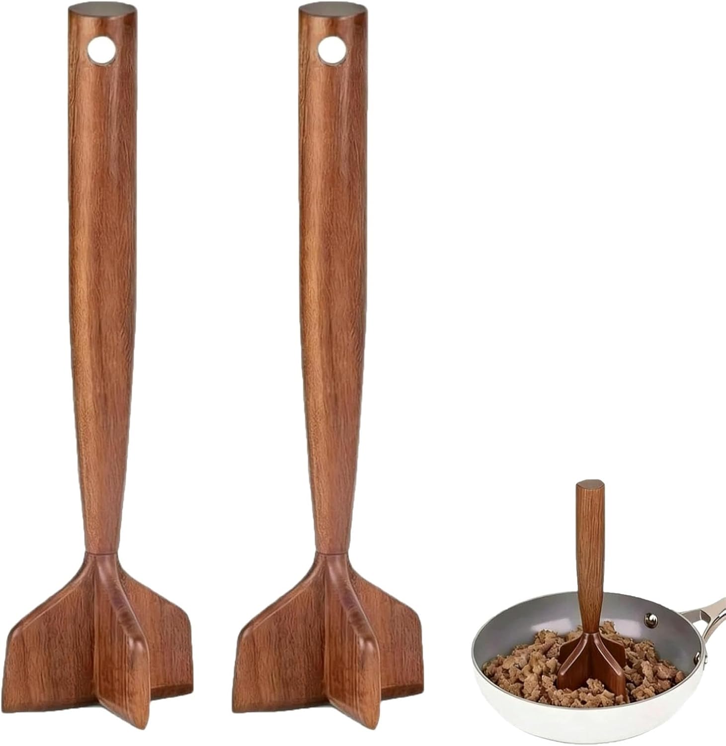 Teak Wooden Meat Masher and Ground Meat Chopper, Durable Hamburger Masher for Beef, Chicken and Turkey, Multi-Use Potato Bean Masher, Nonstick Safe Kitchen Tool (2PCS)