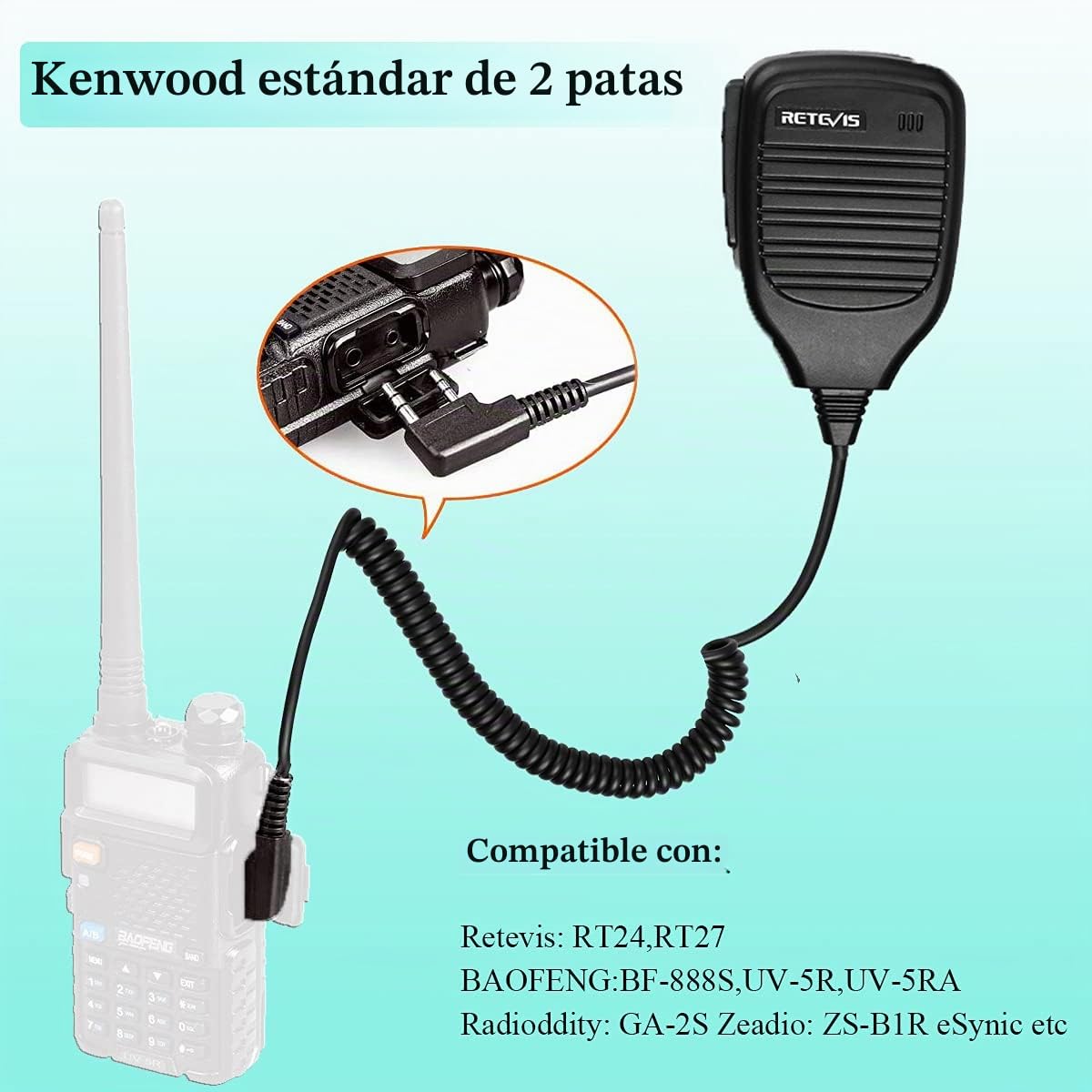 Retevis Walkie Talkie Micrófono Altavoz 2 Pines Altavoz Micrófono Compatible con Walkie Talkie Baofeng UV-5R RT24 RT22 RT5R RT27 eSynic UV-5R Mengshen BF-888S Kenwood (1 Pacs)