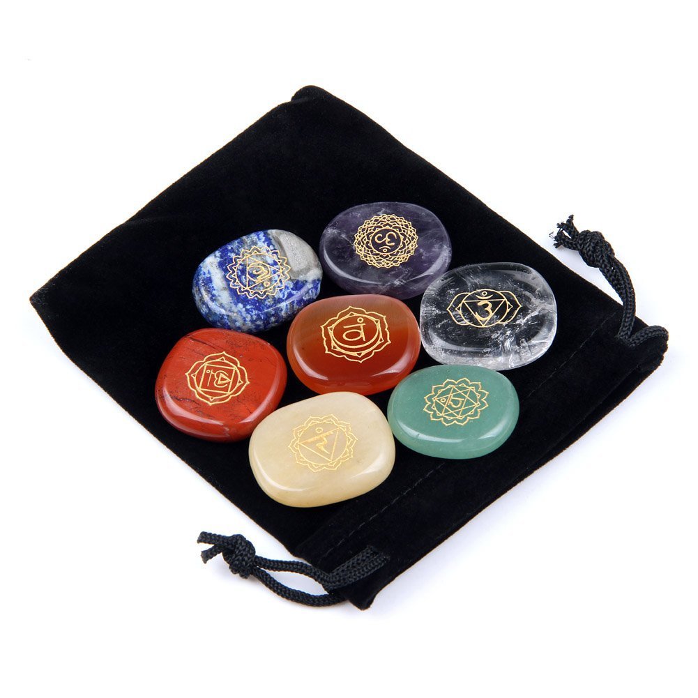 Chakra stones-reiki chakra Healing Crystal con incisione simboli olistico bilanciamento palma lucido pietre set di 7