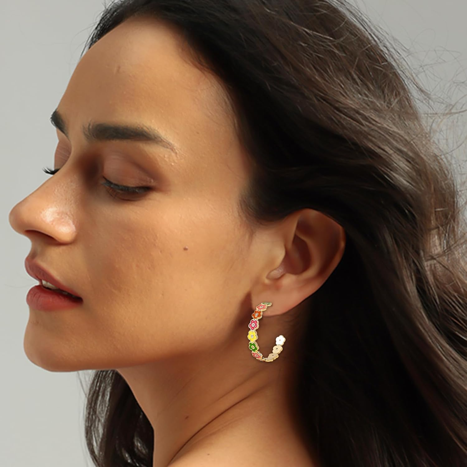 Colorful Flower Hoop Earrings for Women 14K Gold Plated Flower Open Round Hoop Earrings Enamel Floral Statement Earrings Blossom Hoop Earrings Spring Summer Beach Party Jewelry Gift for Women - Image 4