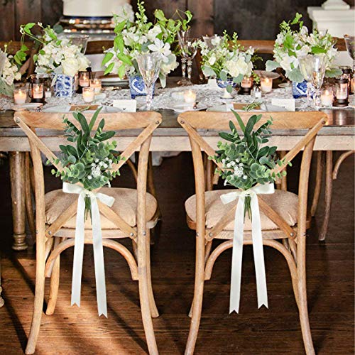 Rinlong Wedding Aisle Chair Decorations Set Of 6 Church Chair Bench Pew Bows For Wedding Ceremony Party Decor White Baby's Breath Eucalyptus Olive Leaves Artificial Flowers With Ribbons #TOP6
