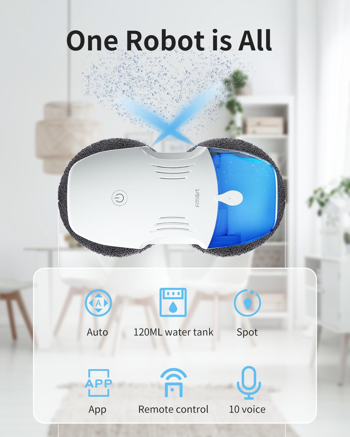 FMART T10 Robot lavavetri, lavavetro elettrico con getto automatico Spruzzo, Serbatoio dell'acqua da 120 ml, potente potenza di aspirazione 3800pa, Lavavetri Finestre con Telecomando