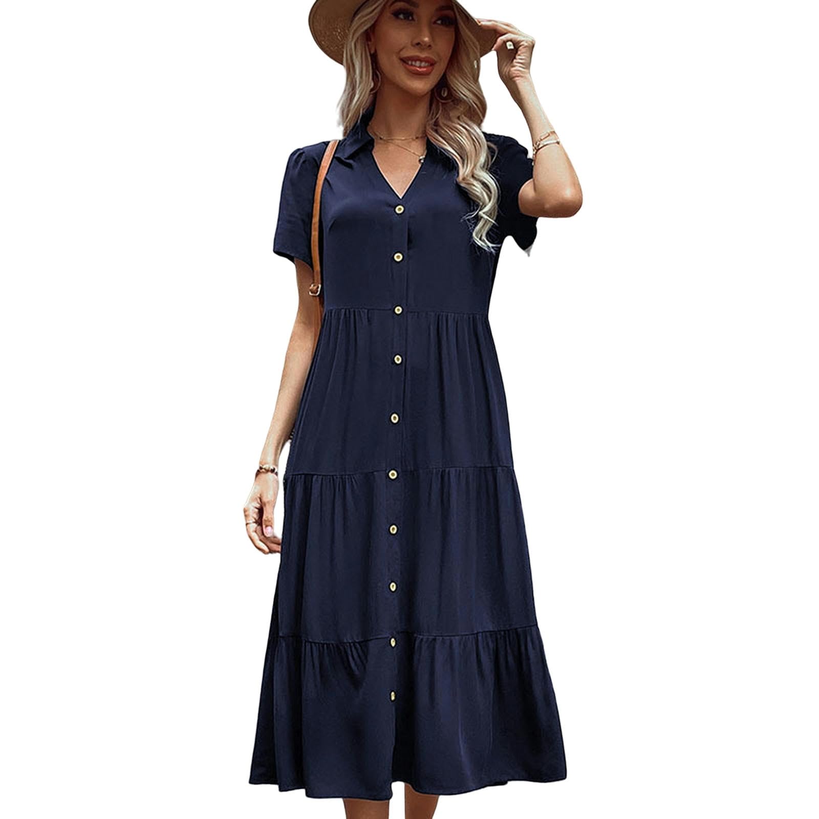Vestidos para mujer, cuello en V, botones, manga corta, con volantes, acampanado, vestido camisero midi fluido. YYEFNMAZ