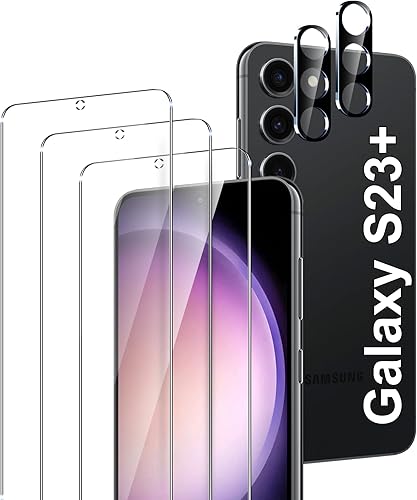 LYWHL Paquete de 3 protectores de pantalla de vidrio templado para Samsung Galaxy S23 Plus / S23+ con 2 protectores de lente de cámara, compatible