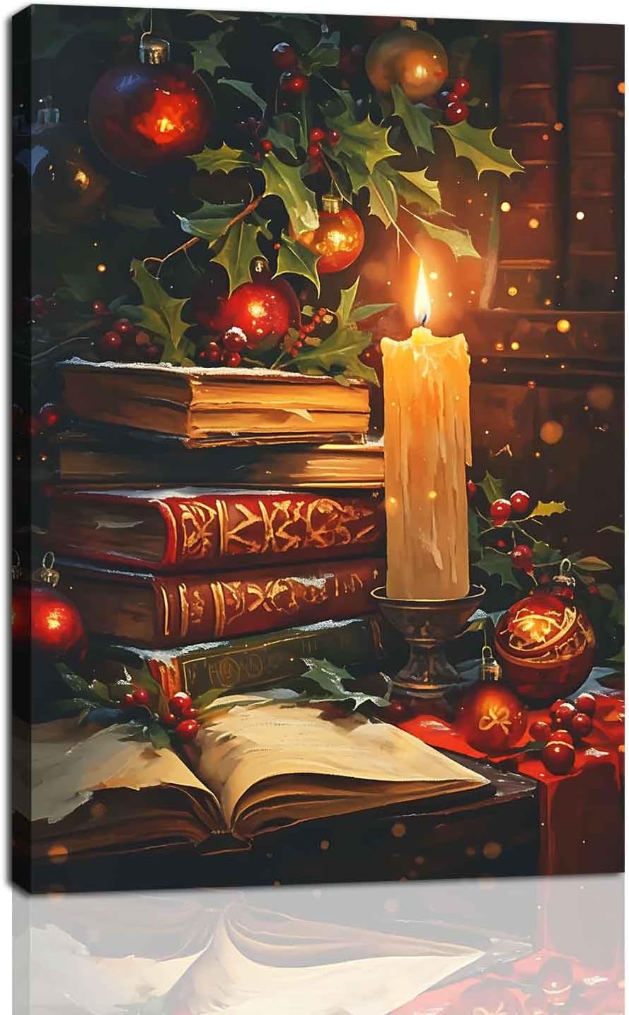Vintage Christmas Canvas Wall Art, Rustic Books Art Pictures for Wall, Merry Christmas Poster Winter Print, Xmas Still Life Dark Academia Decor Holiday Wall Decoration Gift Wooden Frame 12x18 inch A Wooden Frame 12x18 inch