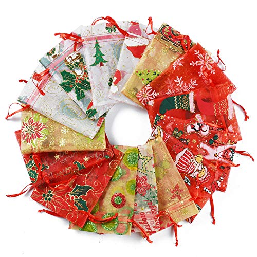Arswin Christmas Organza Gift Bags, 50 Pack 4x6 Inches Mixed Color Bags with Drawstring, Xmas Treat Goody Bags Candy Cookie Jewelry Wrapping for Christmas New Year Party Favors Holiday School