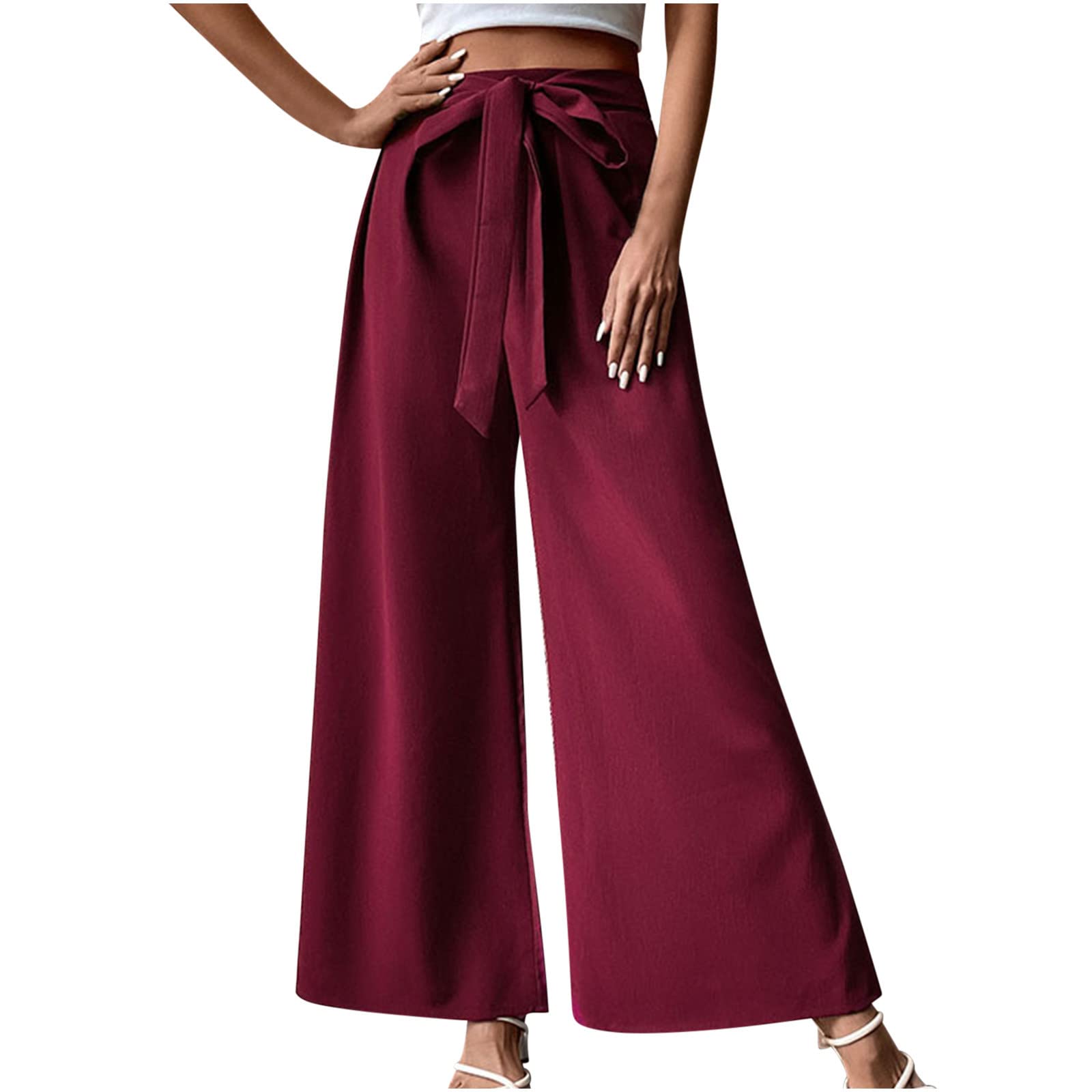 NATHGAM Womens Wide Leg Pants High Waisted Tie Trousers Pant Casual Comfy Dress Pants Ladies Elegant Solid Baggy