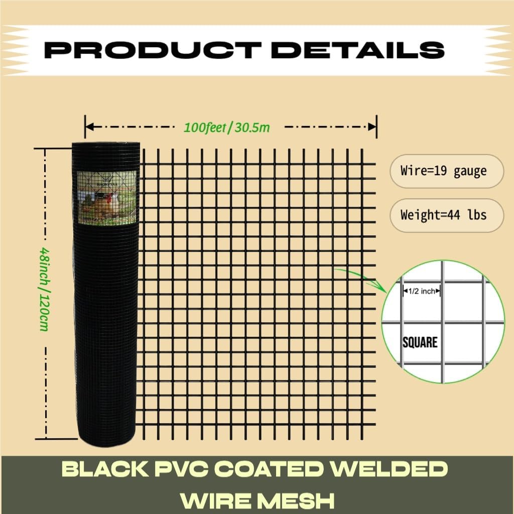 48 x 100 ft Black Hardware Cloth 1/2 Inch – 19 Gauge Vinyl Coated Welded Wire Mesh Roll, Heavy Duty PVC Coated Steel Fence for Garden, Chicken Coop, Outdoor Run, Animal Cage (1/2inch 48"x100')