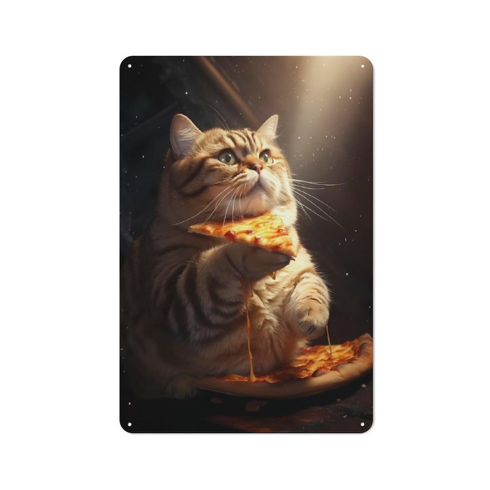 Junmoney Fat Cat Eating Pizza Modern Vintage Metal Wall Decor 30X20cm, Office Metal Sign For Office, Study, Studio Or Hallway