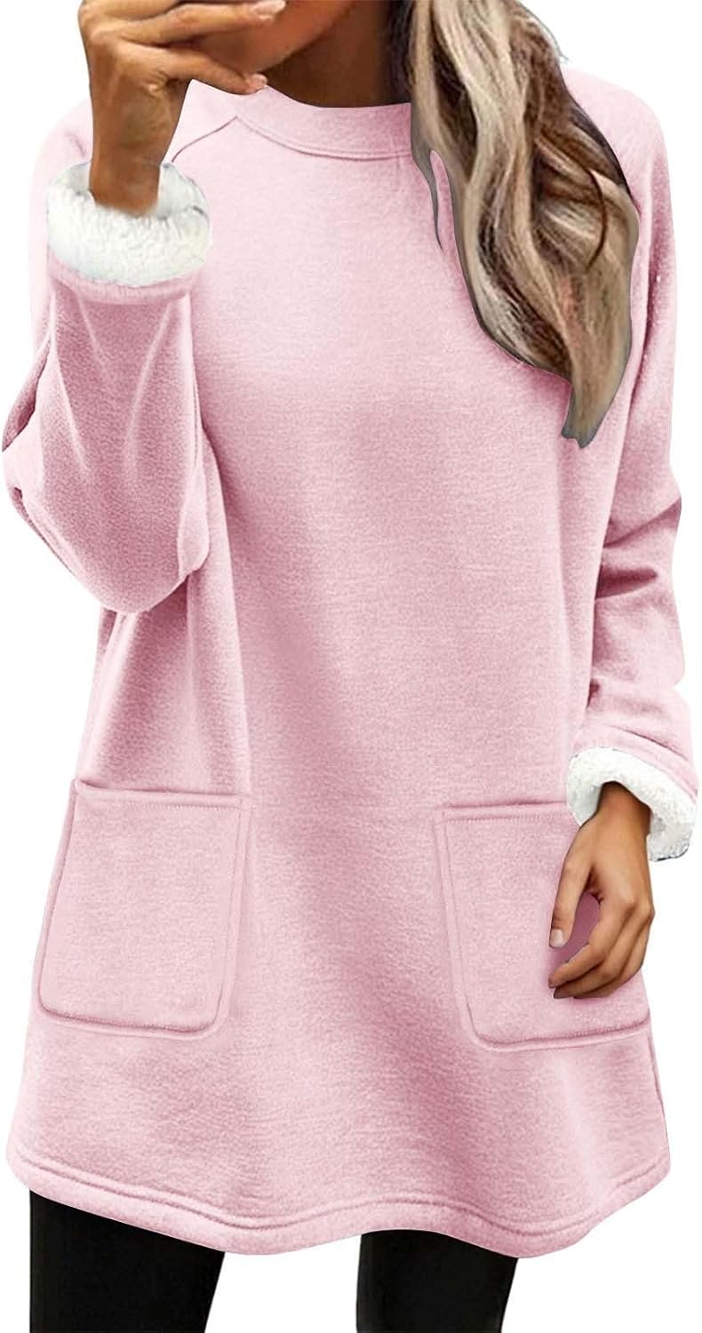 Fleece Lined Sweatshirts for Women Winter Warm Sherpa Shirts Fuzzy Pullover Tops Soft Thermal Underwear with Pockets