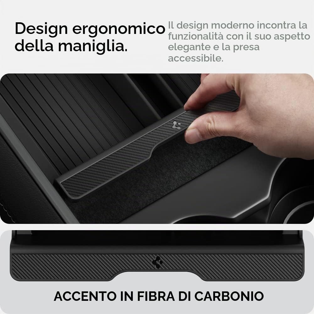 Spigen Tesla Model Y (~2024) e Model 3 (2021-2023) Organizer Console Centrale con Tecnologia di Scivolo Liscio, Vano Portaoggetti per Console Centrale Accessori Tesla - Carbon Edition