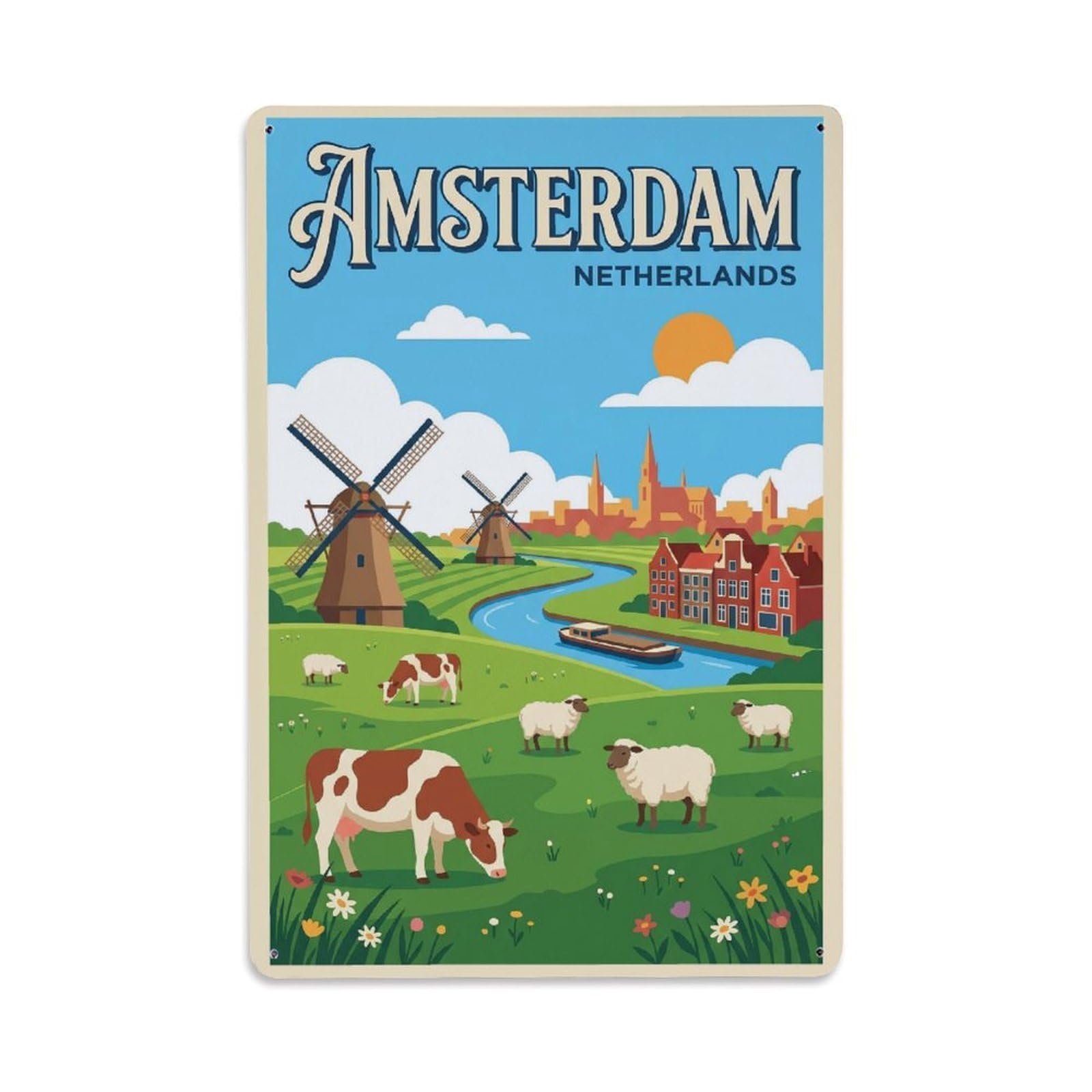 Okngb Style Meadows Amsterdam Netherlands Classic Country Route Metal Tin Sign Plaque Wall Decor For Cafe, Man Cave, Club Bar, Office, Home Garden Round Metal Poster 8X12inch