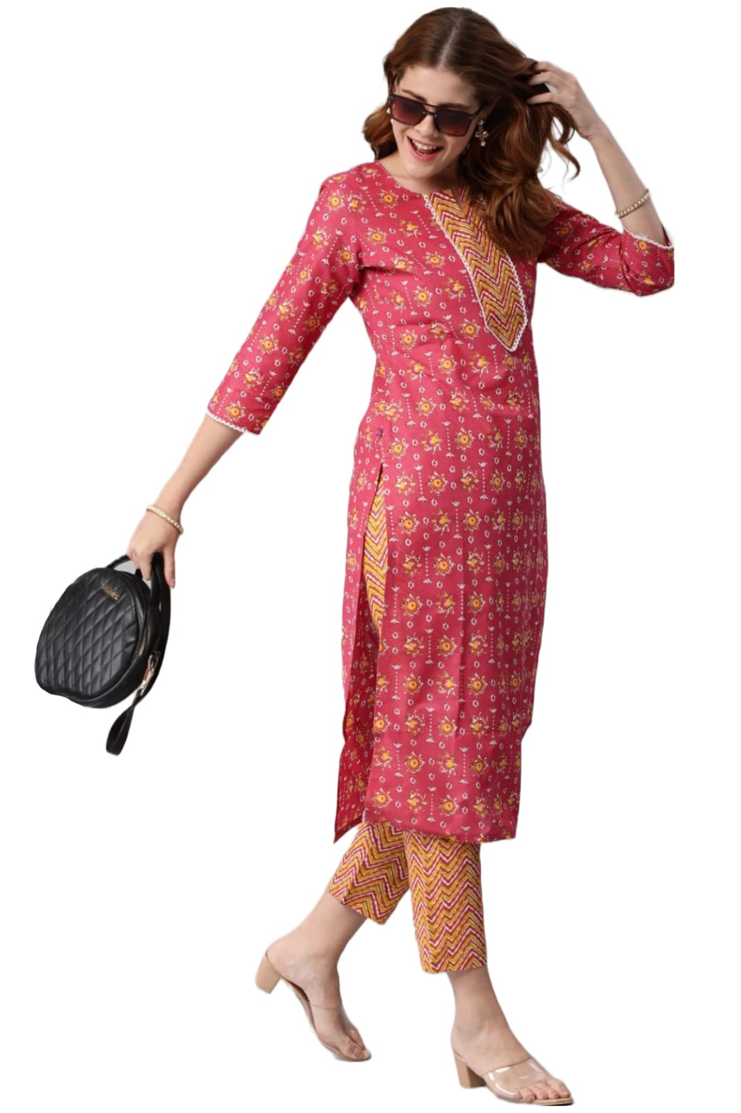 ANNI DESIGNER Women's Cotton Blend Traditional Straight Printed Kurta and Pant Set (Mikaa Pink-Nw-an)