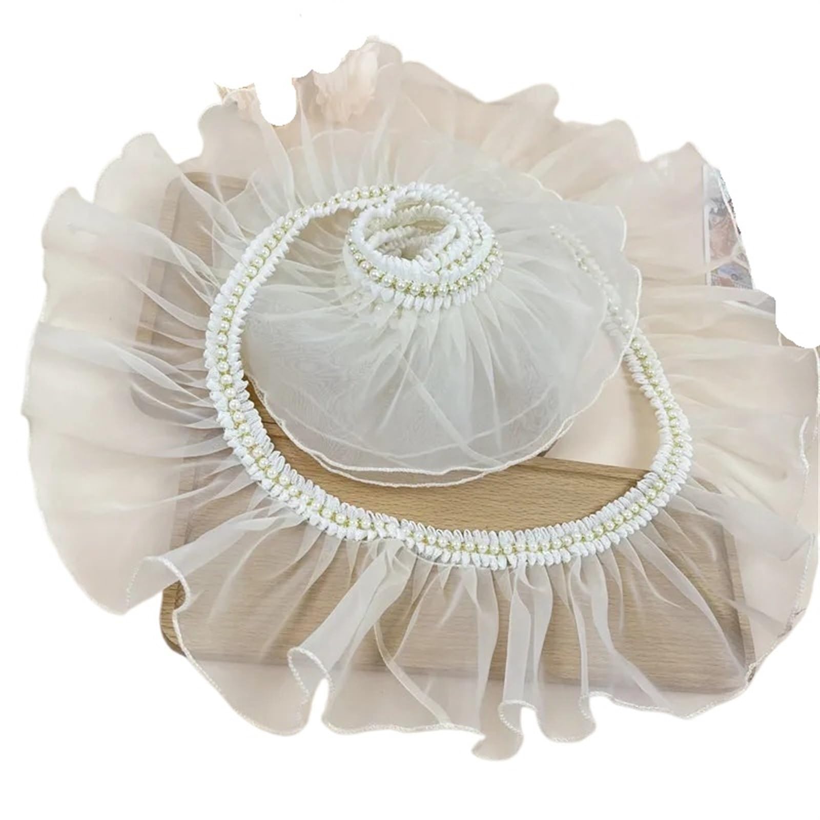 Pleated Beaded Ruffle Lace 1Meter Organza Pleats Ruffle Lace Trim with Beads Lace Sewing Craft (Color : Beige Near White, Size : 1meter)