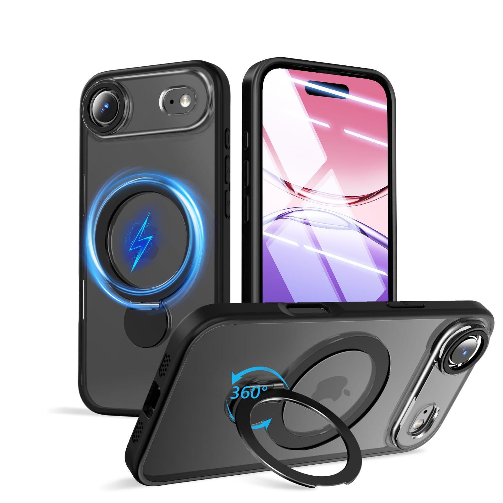 iphone Air用 ケース MagSafe対応 ワイヤレス充電 いphone Air用 カバー 高耐久性 米軍MIL規格 アイフォンAir用 ケース リング スタンド マグネット搭載 スマホケースiphone Air用 縦横両対応 スマホカバー アイフォン Air用 全面保護 軽量 マット仕上げ 半透明（6.5インチ）ブラック【SHANGHAO】