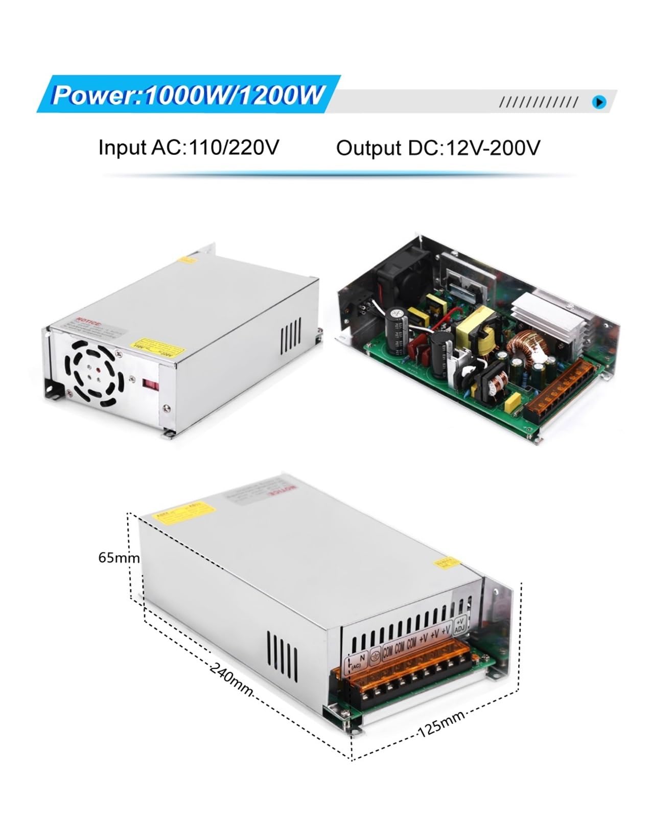 Regulowany Uniwersalny Regulowany Zasilacz Impulsowy 1000 W 12 V-150 V AC Do DC Przemysłowy Adapter LED Driver Wszechstronny i wydajny(0-200VDC)