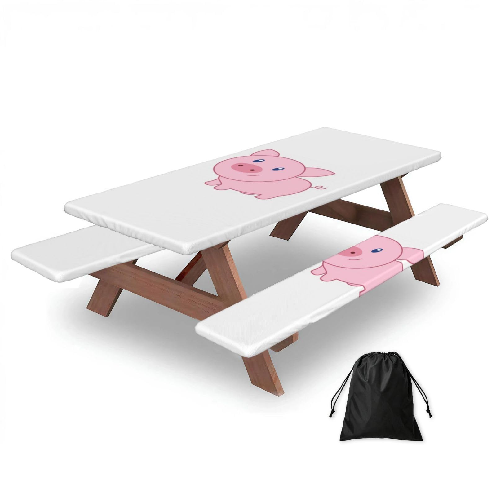 Duwaa Black Cute Pig Print 183Cm Picnic Table Cover With Bench Covers, Waterproof Elastic Tablecloth Set For Outdoor