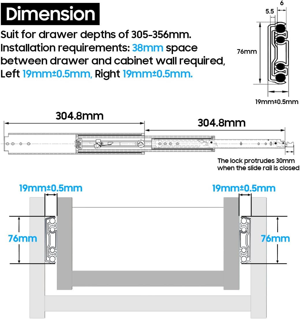 QWEZIX with Lock Heavy Duty Drawer Runners Slides 220KG Load Full Extension Side Mounted Ball Bearing Steel Rails 300mm L x 76mm W Smooth Glide for Kitchen Cabinet Garage Tool Box Workshop 1 Pair - Image 3