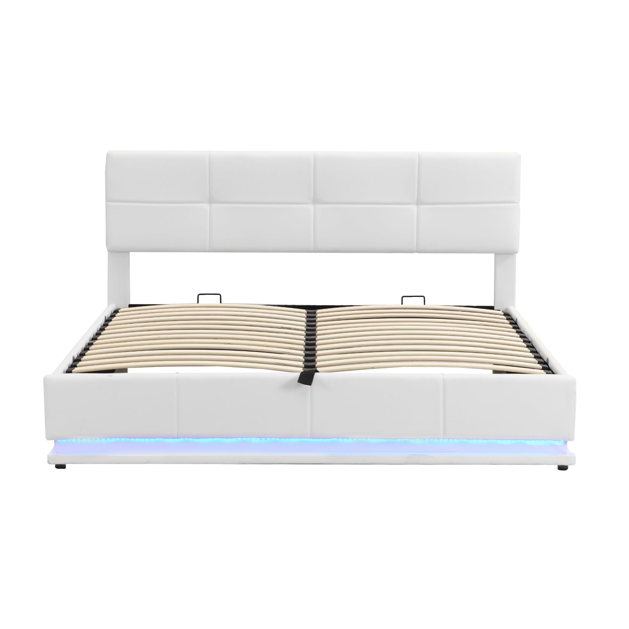 Merax Cama acolchada hidráulica de 180 x 200 cm, con espacio de almacenamiento, cama con iluminación LED, para jóvenes, adultos, piel sintética, color blanco (sin colchón)