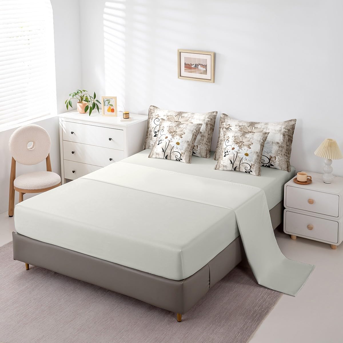 Grey Brown Bedding Sets Rustic Daisy Flowers Bed In A Bag Queen Comforter Set 7 Piece,Kids Boys Girls Teens,Vintage Wooden Country Farmhouse Comforter and Sheets Modern Ombre Abstract Bed Set