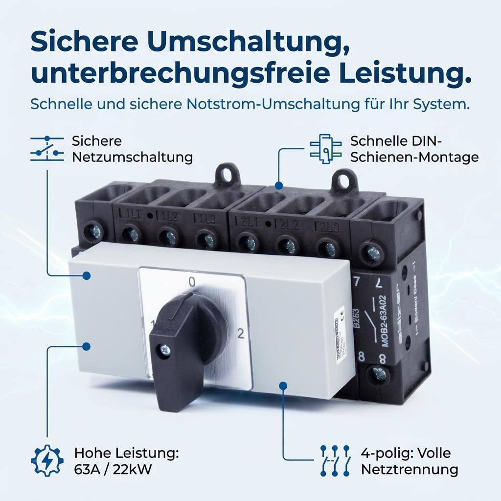 Sälzer Notstrom Umschalter - 63A - Lastumschalter 4-polig - Netz-0-Not - Schnappmontage für Hutschiene (Umschalter 63A)
