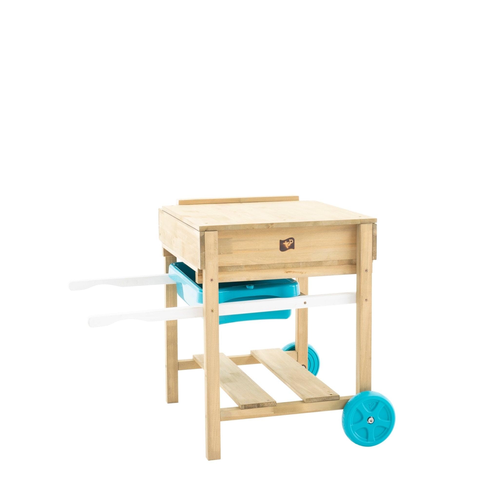 TP Toys Deluxe Sand- und Wassertisch, FSC-zertifiziertes Holz, inklusive Sandkasten, Wasserschale, schwarzer Tafel, Kunststoffhaken und Aufbewahrungsregal, verstaubar und verwandelt Sich in einen