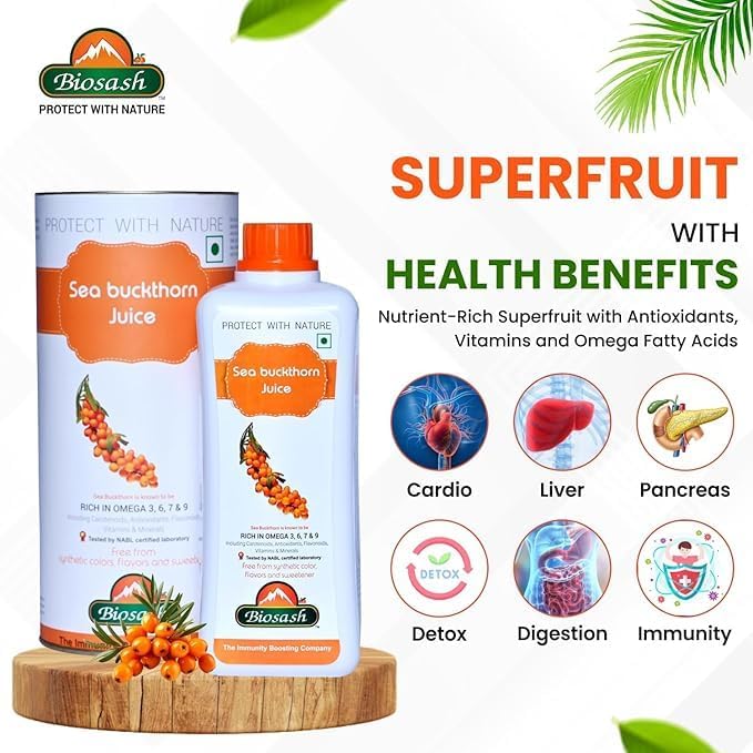 Image of Biosash Sea Buckthorn Pulp Juice 750ml | From Certified Organic Berries , Cold-Pressed | Rich in Omega 3 6 7 9, Vitamins & Antioxidants | No Added Sugar, Glow Skin , Gut health , Immunity , Herbal, Wellness & Vitality , 50 Serves