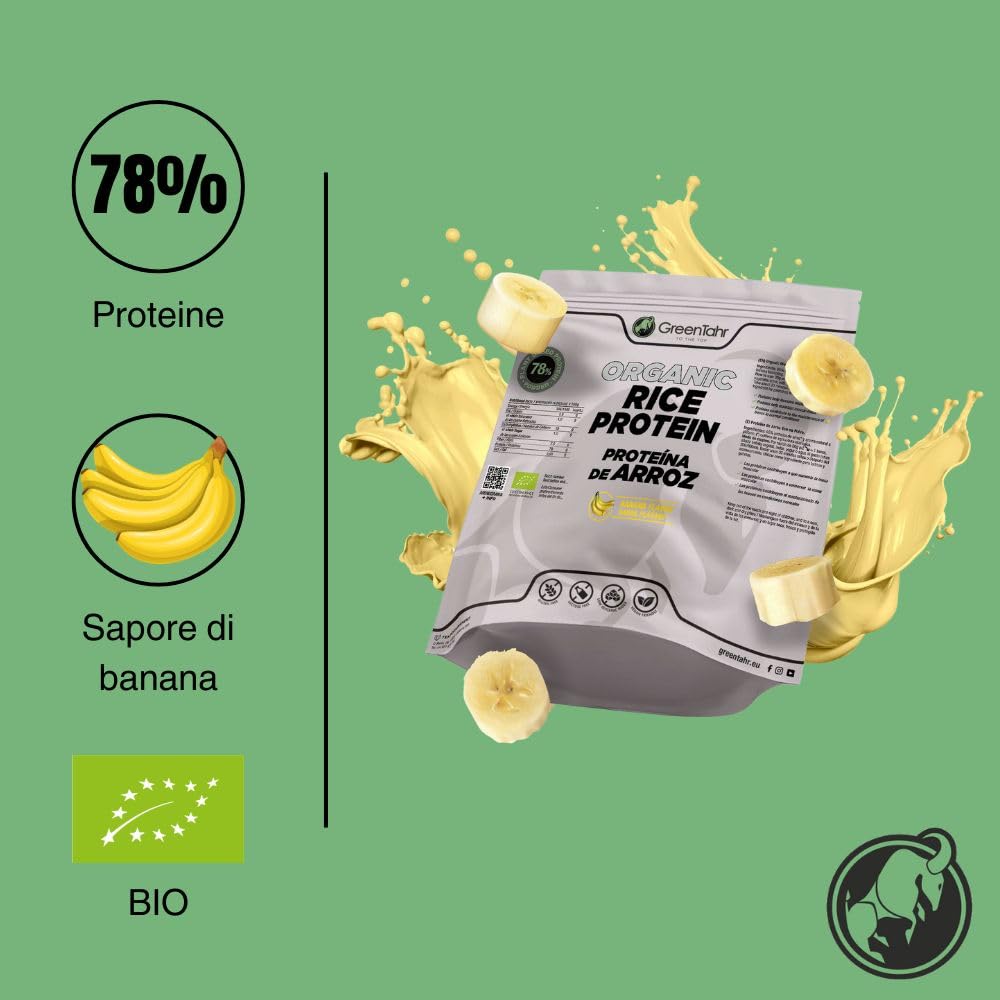Green Tahr Proteine di Riso in Polvere Vegane Bio Gusto Banana 750g. 78% Proteine Vegetali per Massa Muscolare, Senza Zucchero, Edulcoranti, Lattosio né Glutine