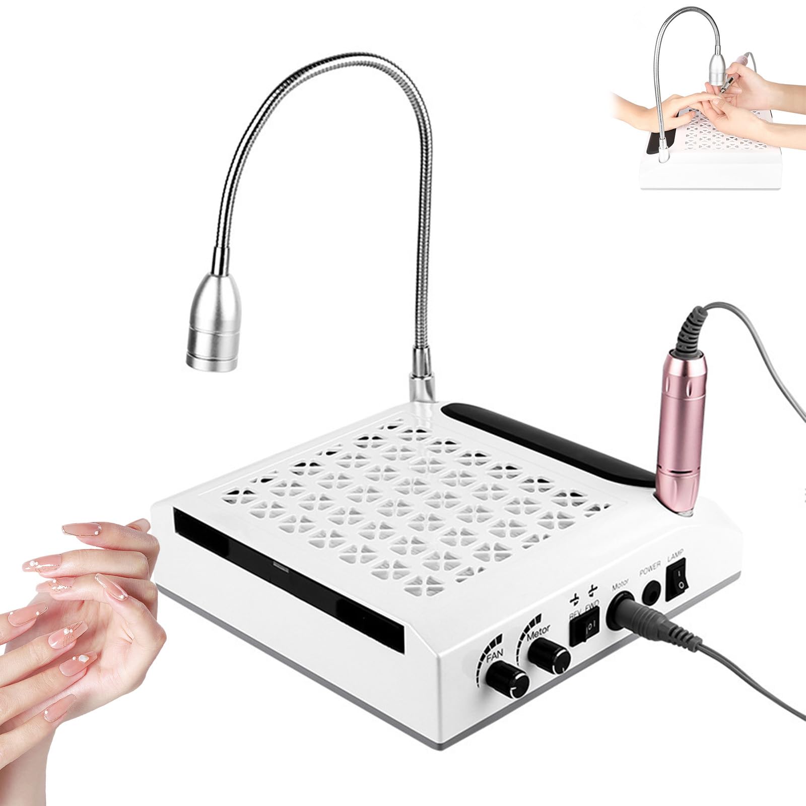 4 w 1 system do manicure'u z odkurzaczem i szlifierką: wydajny odkurzacz 80 W, elektryczna szlifierka 30000 obr./min i lampa biurkowa LED