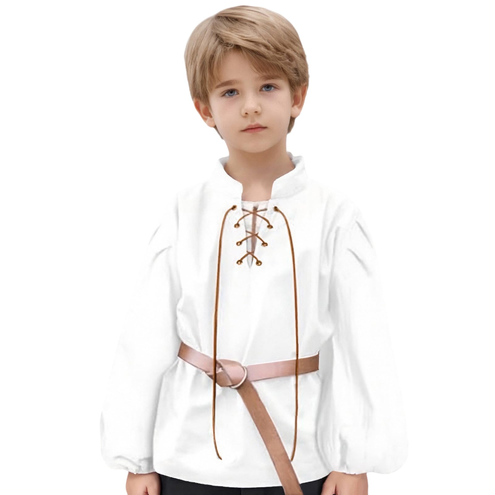 Lace up Medieval Shirt Tunic Costume Kids Boys Long Sleeve V Neck Blouse Tops Teenagers Renaissance Costumes Vintage Comfy Loose Children Maxi Pirate Shirts Retro Viking Colonial Top NO Belt White