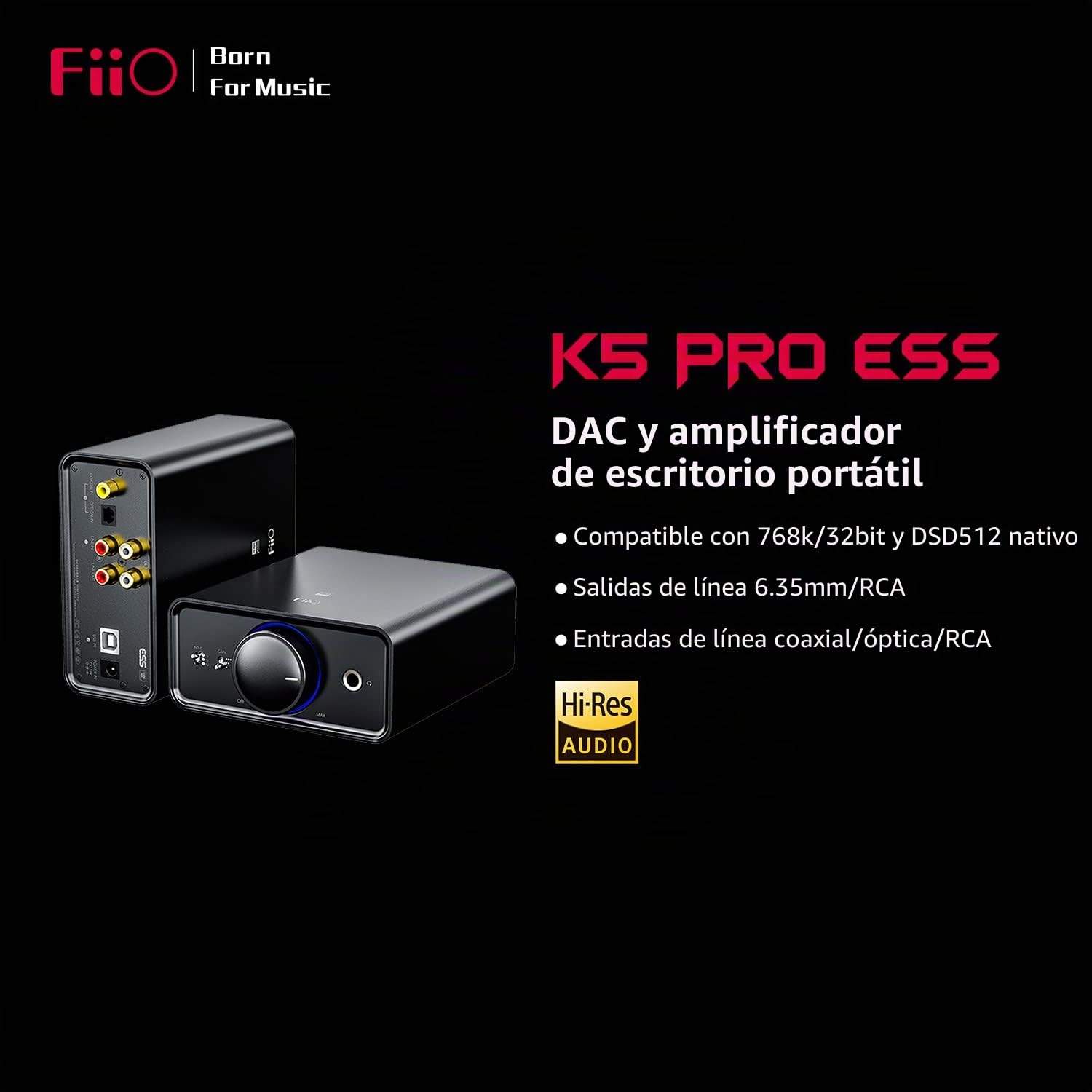 FiiO K5 Pro ESS Amplificador de auriculares, DAC 768K/32Bit y DSD512 nativo, 6.35mm salida de auriculares/salida de línea RCA/coaxial/entradas ópticas