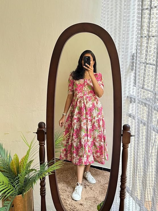 Image of Women's Pure Cotton Maxi Midi Dress Western Dress for Women Elegant Floral Printed Long Dresses | Soft & Breathable Fabric | Casual Trending Dress for Women