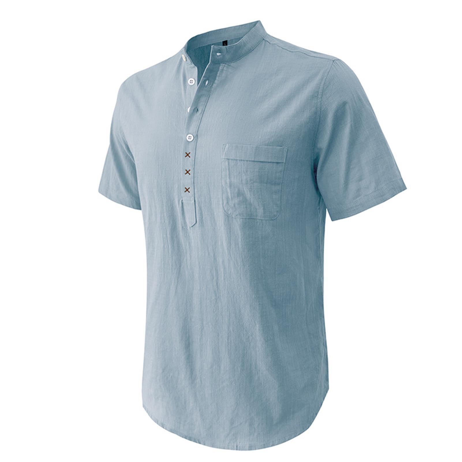 hixswnu Männer Leinen Kurzarm Shirt Casual Beach Shirts Henley T-Shirt Band Kragen Urlaub Tops mit Tasche