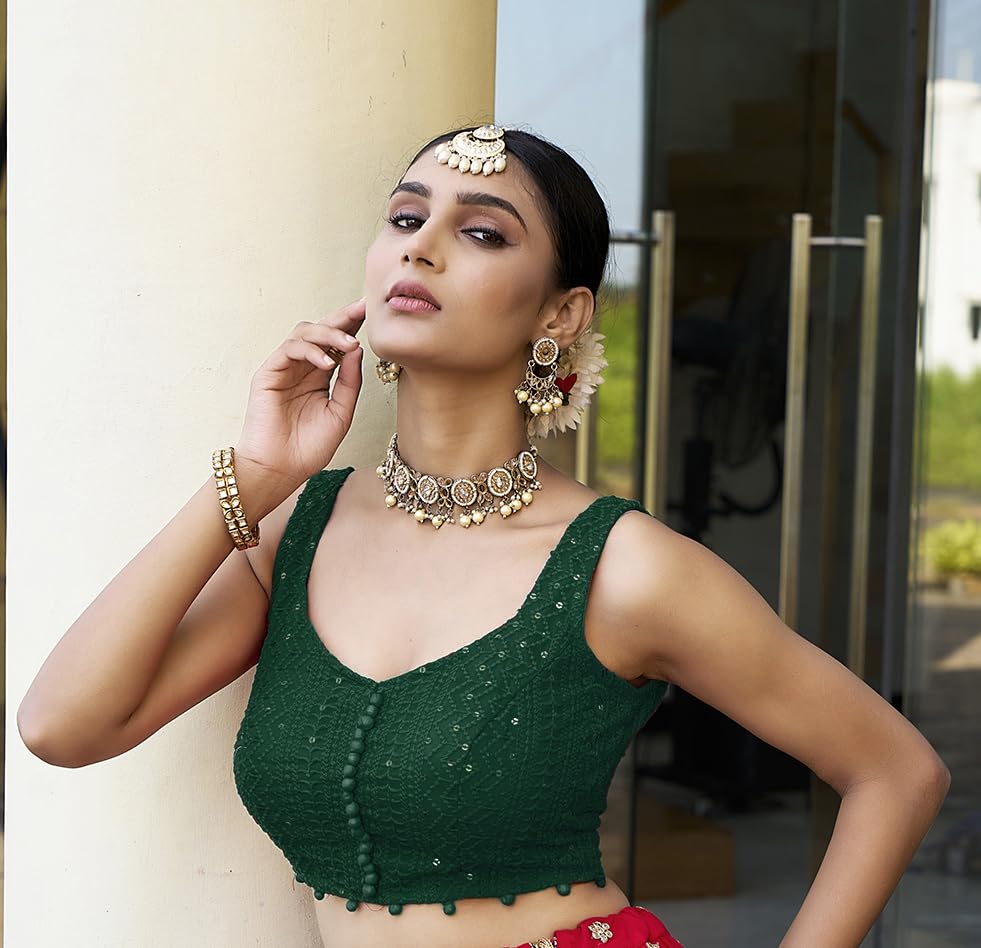 Image of Vihu Fashion Women's Readymade Fancy Potli Pattern Blouse Embroidery Lucknowi Work Sequence Work Indian Ethnic Designer Sleeveless Blouse Readymade Sweetheart Neck Blouse Women Blouse