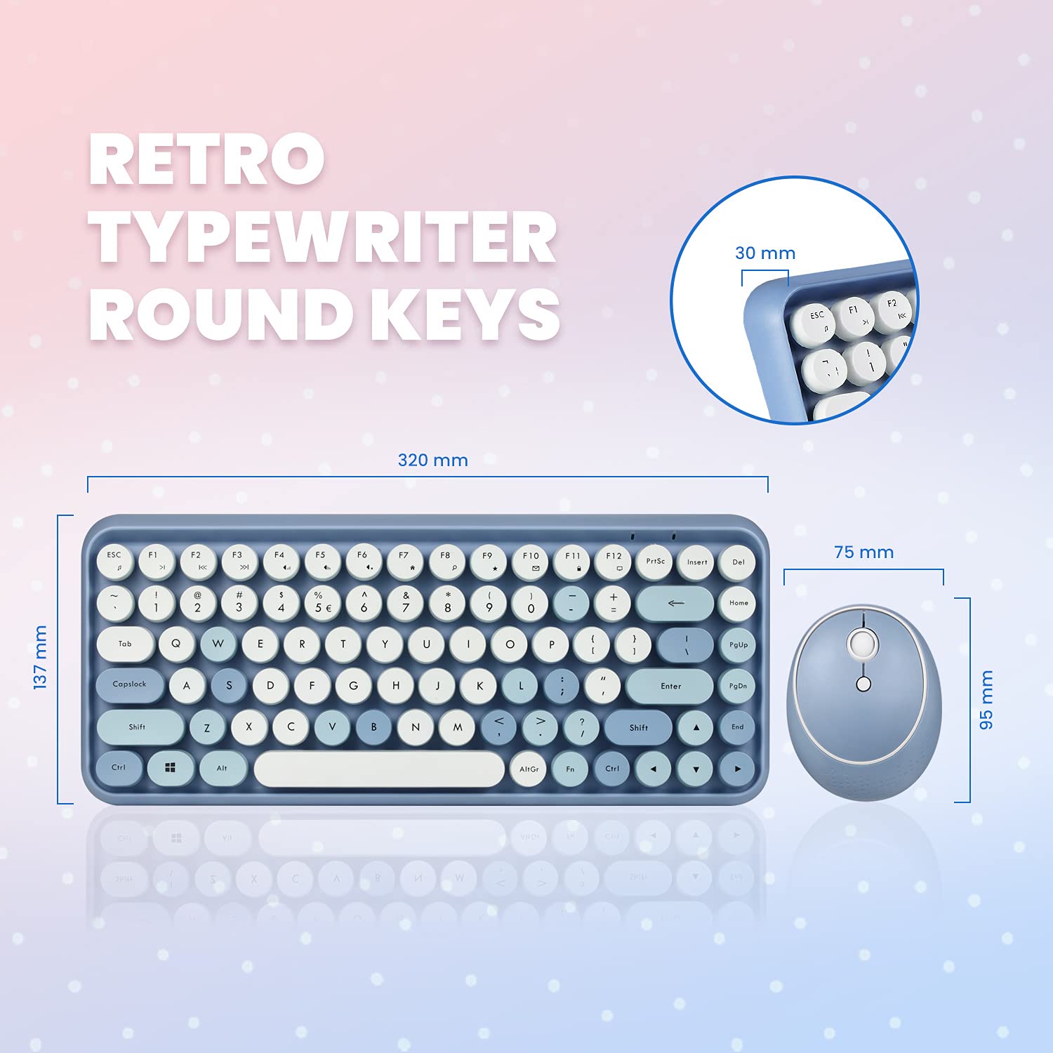 Perixx PERIDUO-713BL Wireless Mini Keyboard and Mouse Combo - Retro Round Key Caps - Pastel Blue - US English Layout..
