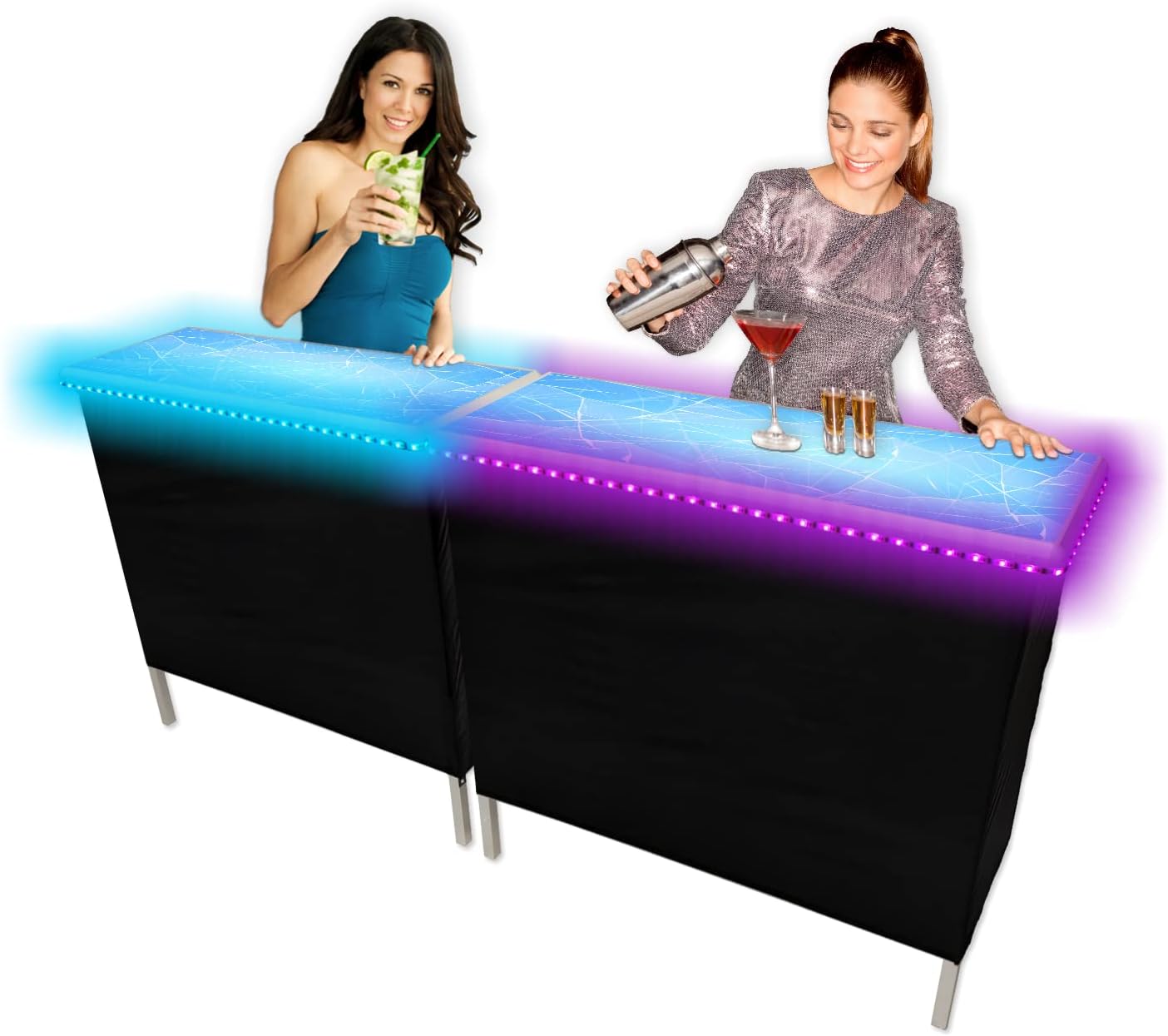Folding Portable Party Bar w/Multi-Color LED Lights, Bar Skirts, Storage Shelf, & Carrying Case - Single or Double Set