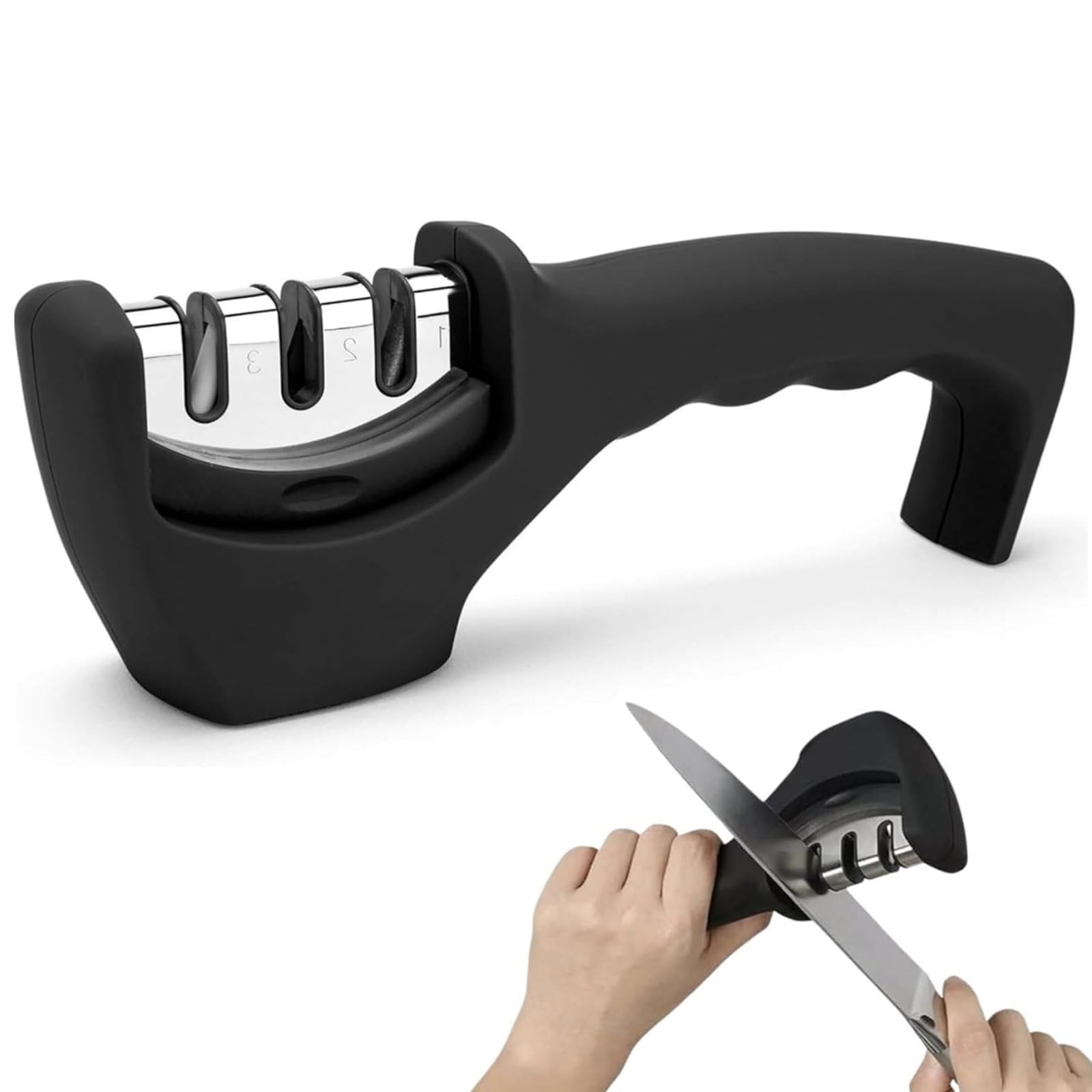 Smart Sharp Knife Sharpener - Professional 3 Stage Manual Sharpener for Sharpening Kitchen Knives - Ceramic Stone, Tungsten Carbide Plates, Diamond rods. Ergonomic Design, Black/Chrome Finish