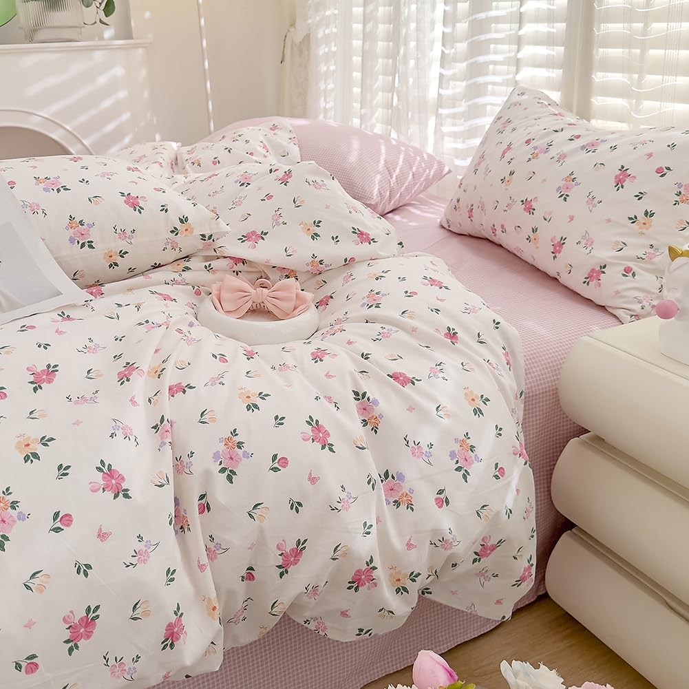 AShanlan Juego de ropa de cama de algodón de 155 x 220 cm, diseño floral, color blanco y rosa, con cremallera, reversible, incluye 1 funda nórdica de 155 x 220 cm y 1 funda de almohada de 80 x 80 cm
