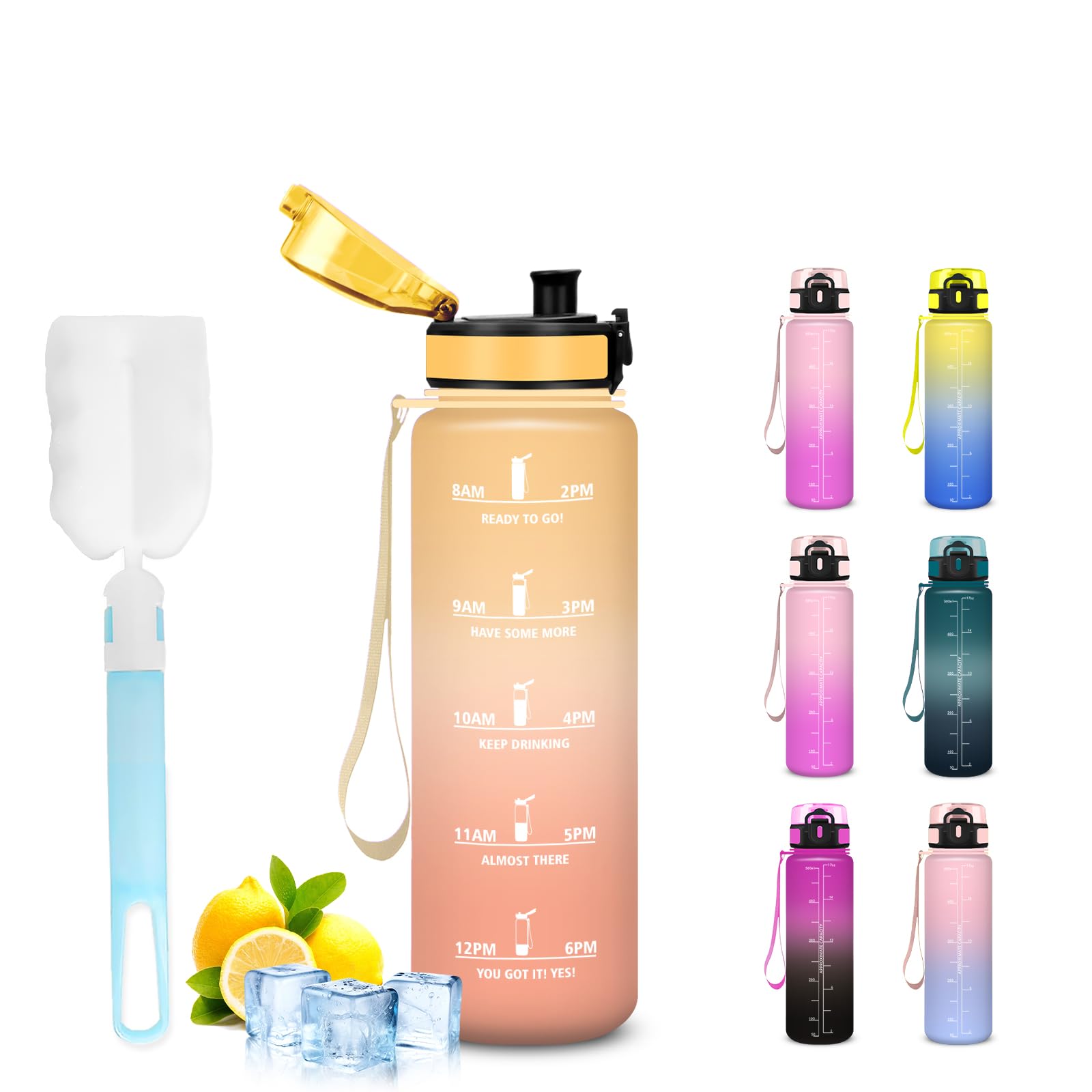 Mujigaga 500ml Kids Water Bottle Leakless Motivational Water Bottles Easy Carry Safety Closure Water Bottles with Sponge Brush for School Office