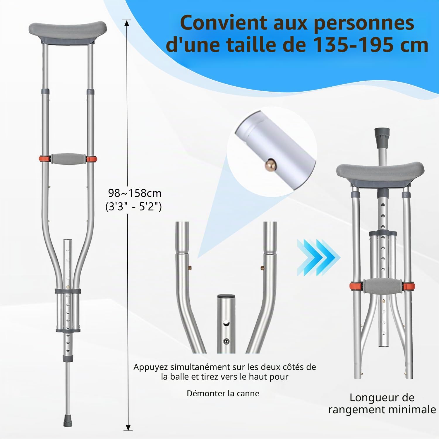 Béquilles Sous les Aisselles, 1 Paire Béquille Réglables pour Adultes, Canne Pliable en Aluminium avec Coussinets Sous les Aisselles et Pieds Antidérapants,pour Personnes Âgées,Adultes et Adolescents