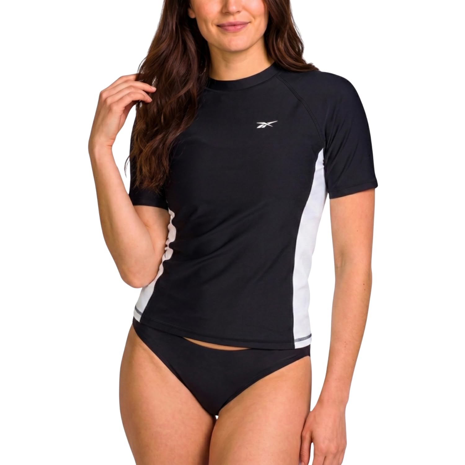 reebok short sleeve rash guard for women – quick dry swim shirt, upf 50+ uv sun protection swimsuit bathing suit top black/white