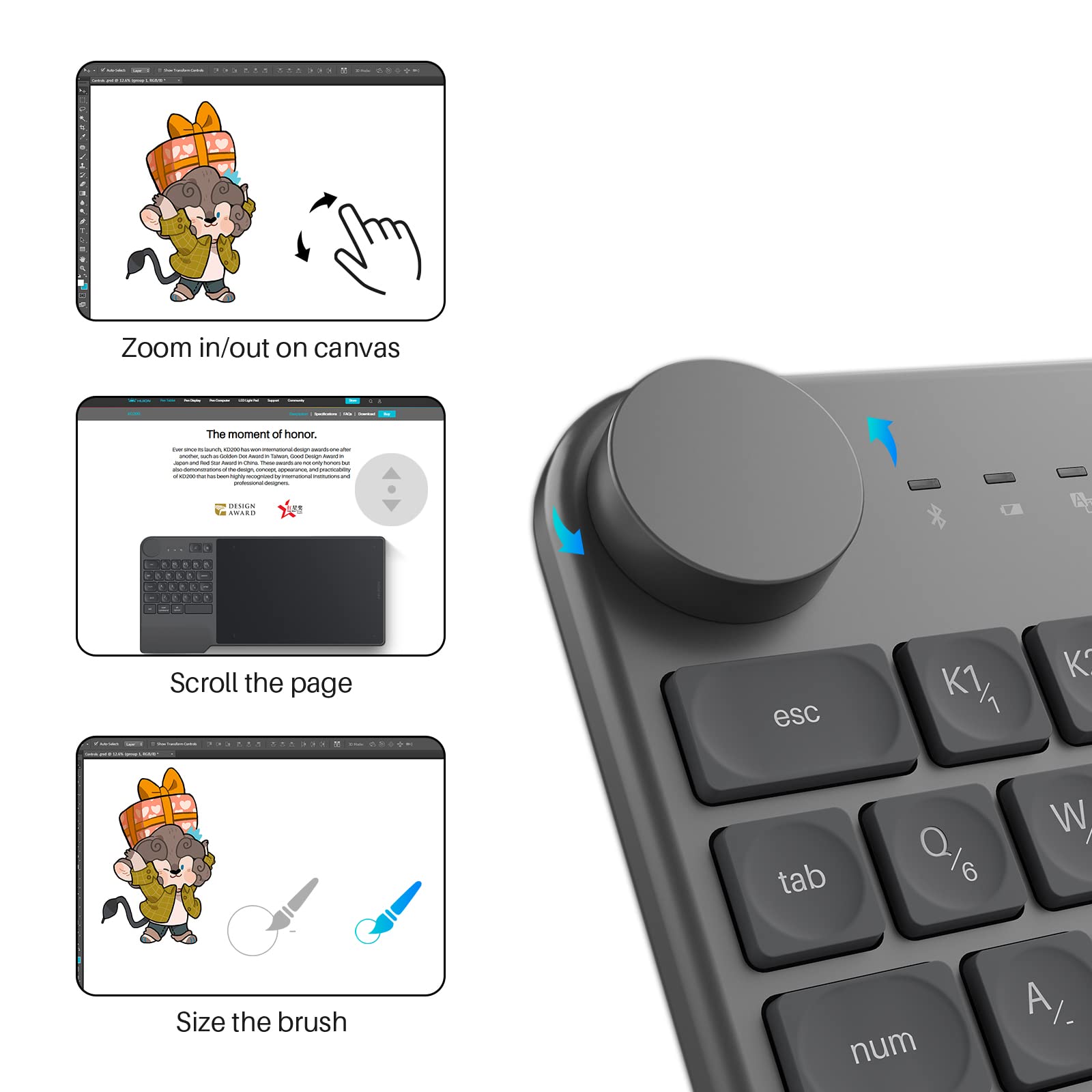 HUION Tavoletta Grafica Inspiroy Keydial KD200 Bluetooth 5.0, Tavolette Grafiche 8,9 x 5,6 pollici con Tastiera, Controller Quadrante e 23+5 Tasti, Tavola Grafica a Ricarica Rapida