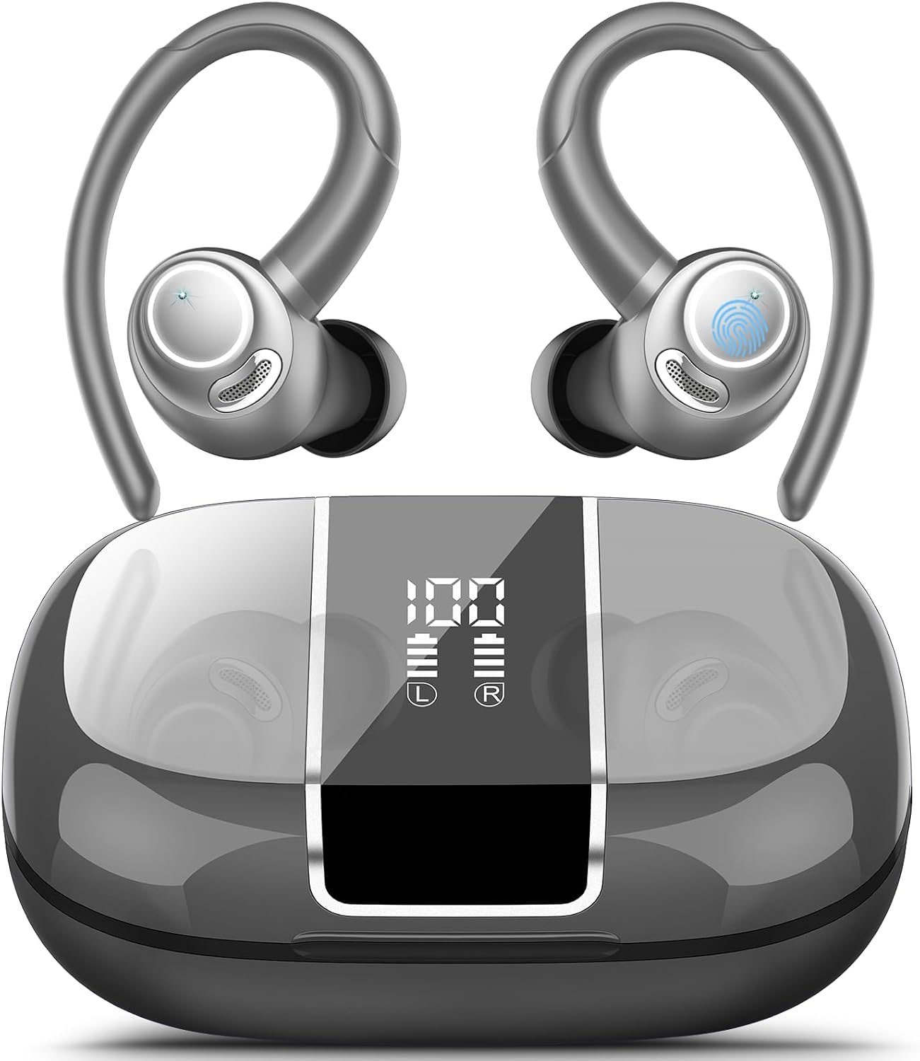Csasan Auriculares inalámbricos Deportivos, Cascos Sonido Premium Gris | 48H Bluetooth 5.3 Auriculares con HD Micrófono y Pantalla LED, Diseño de Gancho de Aire, iOS Android para Deportes/Fitness