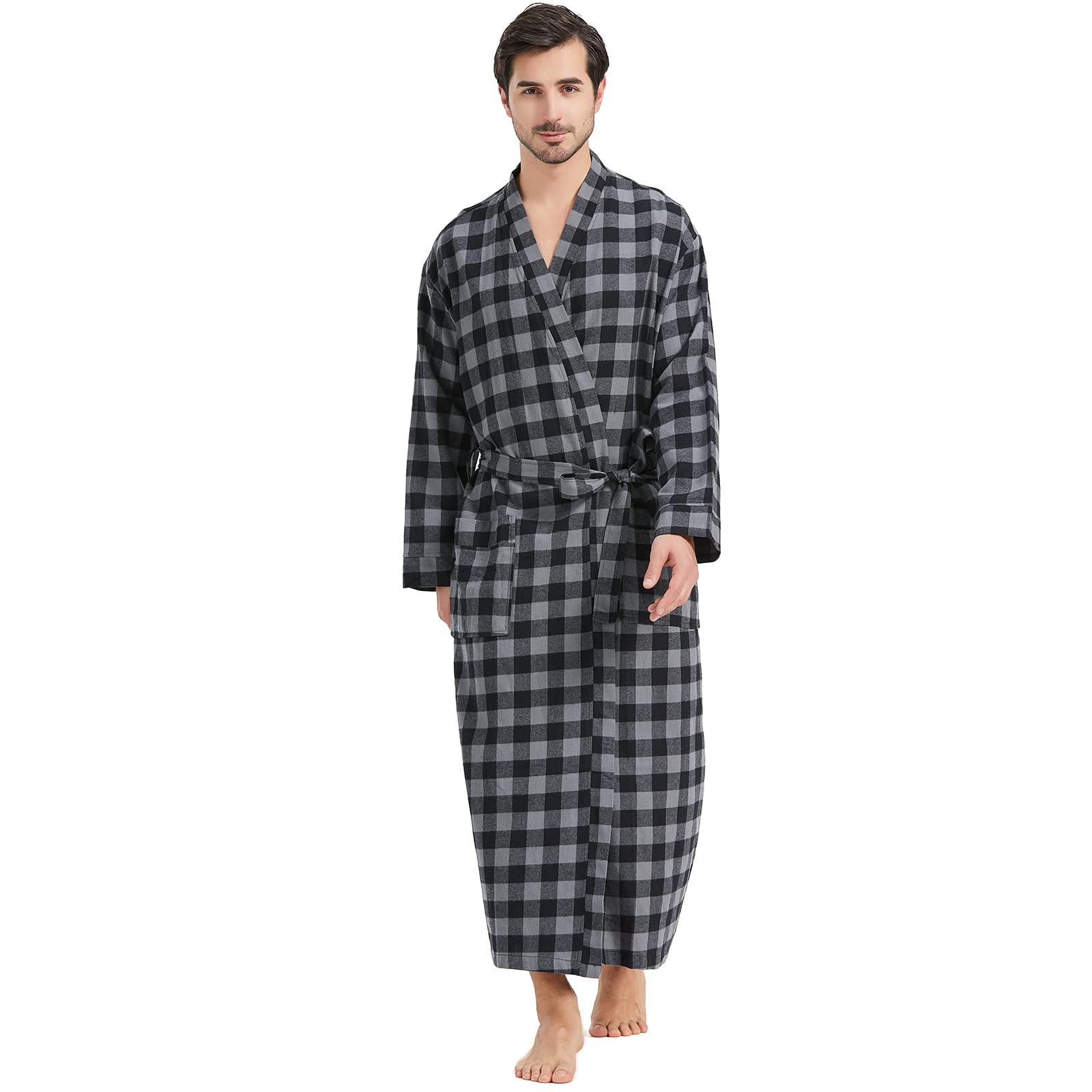FashGudim Mens Buffalo Plaid 100% Cotton Flannel Shawl Collar Robe Lightweight Full Length Bathrobe Loungewear House Robes