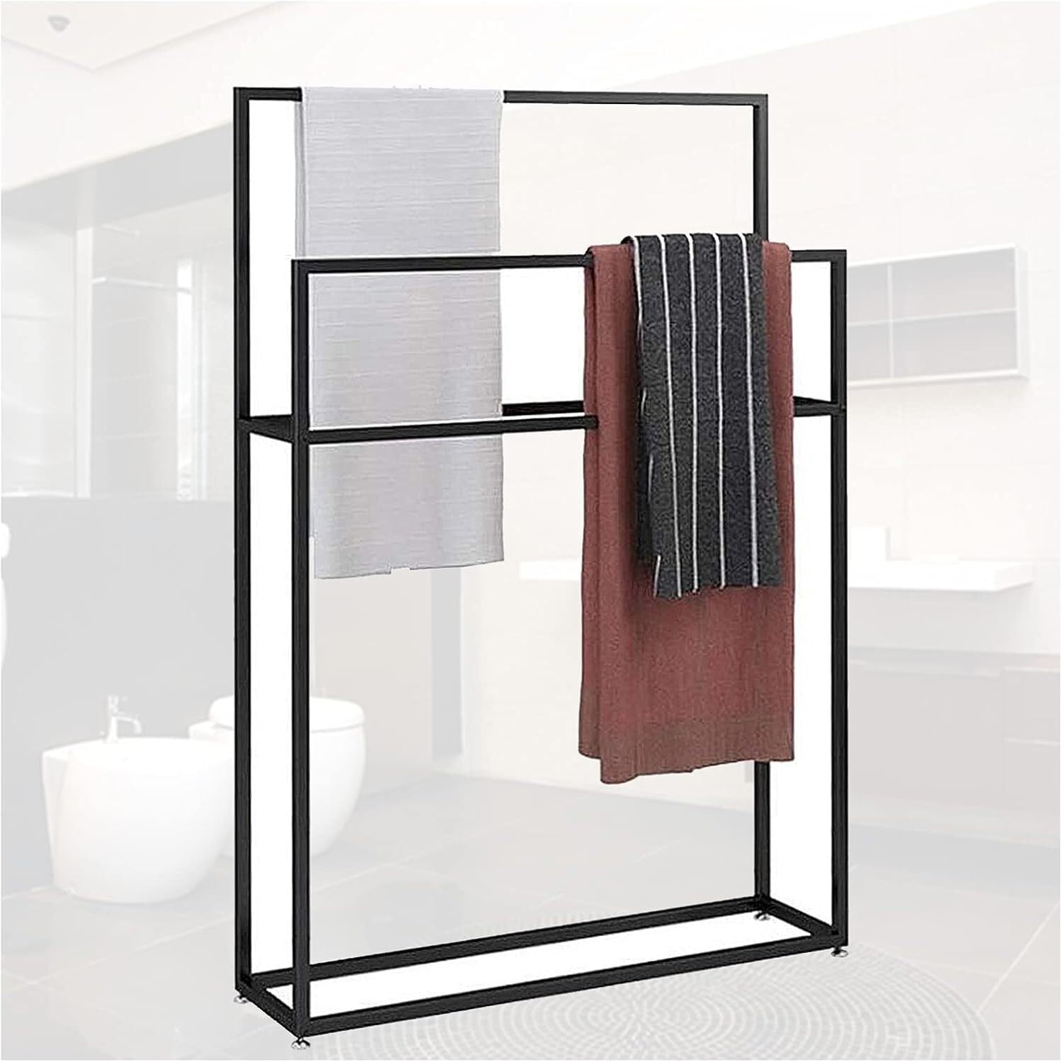 Metal 2-Tier Freestanding Towel Rack - Stylish Black Bathroom Storage For Bath Hand & Face Towels(75cm)
