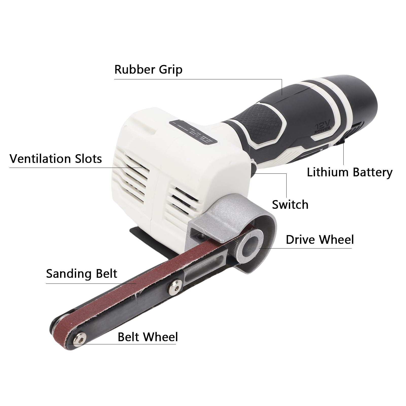 Weytoll Ponceuse à bande sans fil 12 V, 10 000 tr/min, mini-ponceuse à bande avec 20 bandes abrasives et 2 batteries de 2 000 mAh, pour bois, métal et plastique